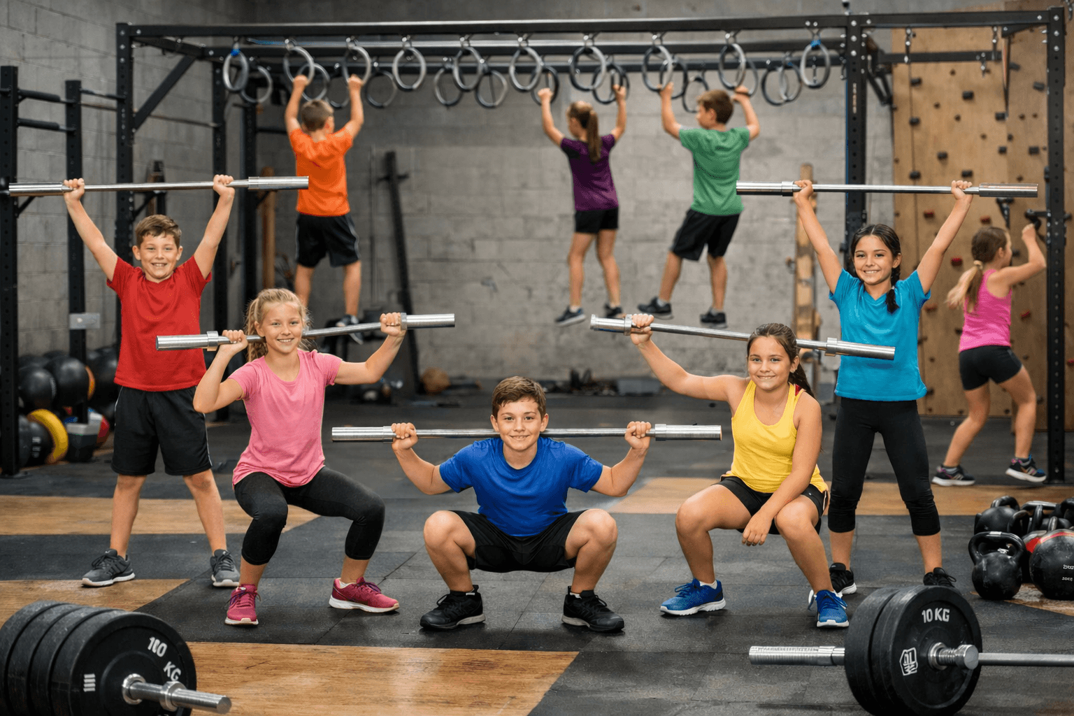 Niños haciendo ejercicio en el gimnasio